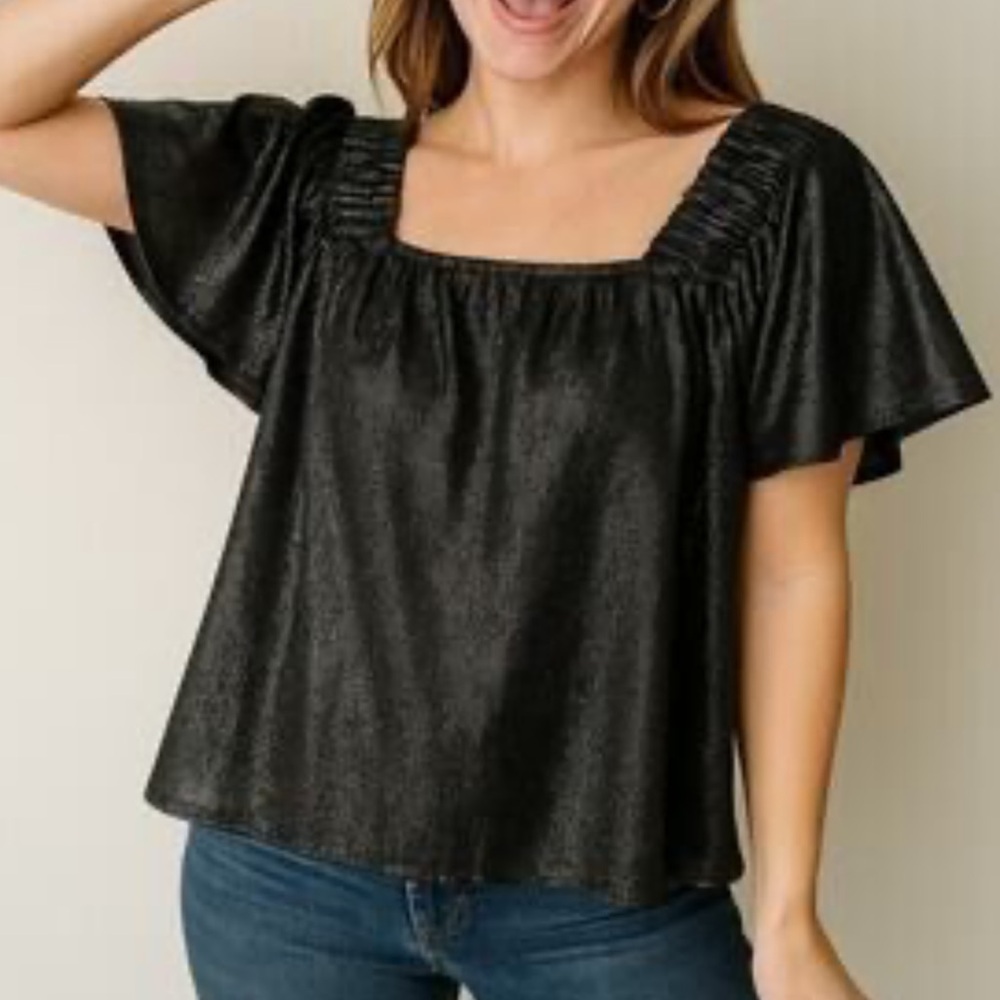 QUEEN OF SPARKLES | Women’s Shimmer Black Square Neck Flutter Sleeve Top | M